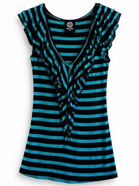 Bobeau Ruffle Front Top S Striped Teal Black Stretch Fitted Feminine Blouse